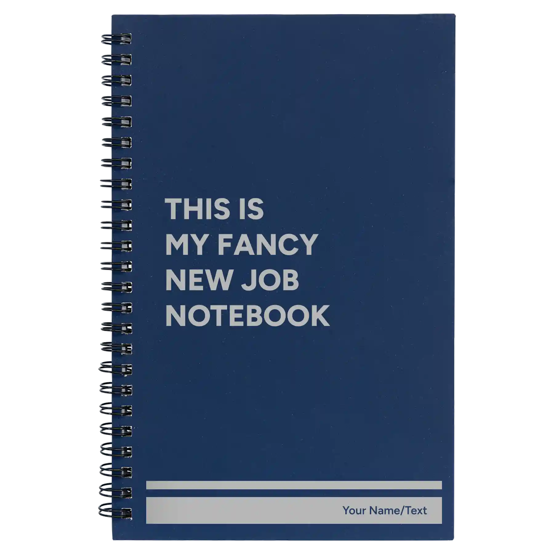 Small blue spiral notebook laser etched with 'Fancy New Job' design
