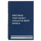 Small blue spiral notebook laser etched with 'Meetings That Easily Could've Been Emails' design
