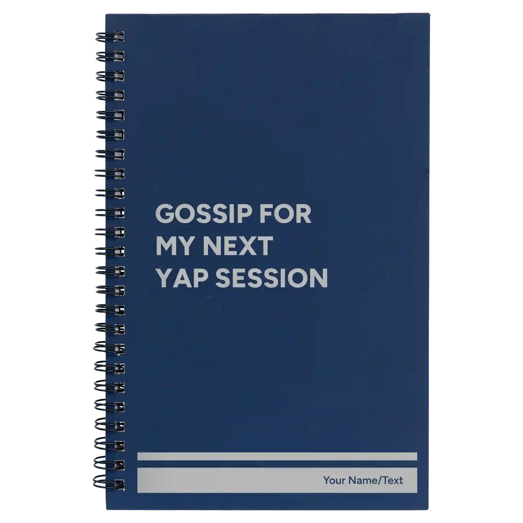 Small blue spiral notebook laser etched with 'Yap Session' design