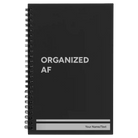 Small black spiral notebook laser etched with 'Organized AF' design