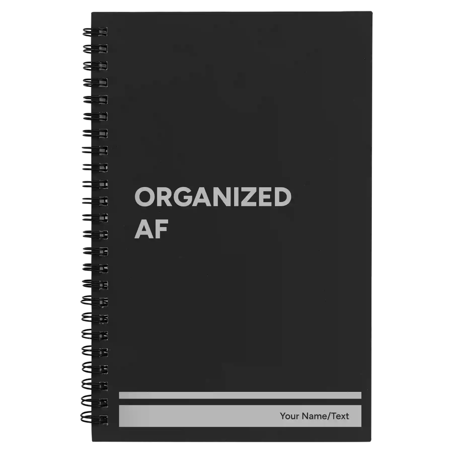 Small black spiral notebook laser etched with 'Organized AF' design