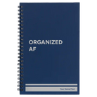 Small blue spiral notebook laser etched with 'Organized AF' design
