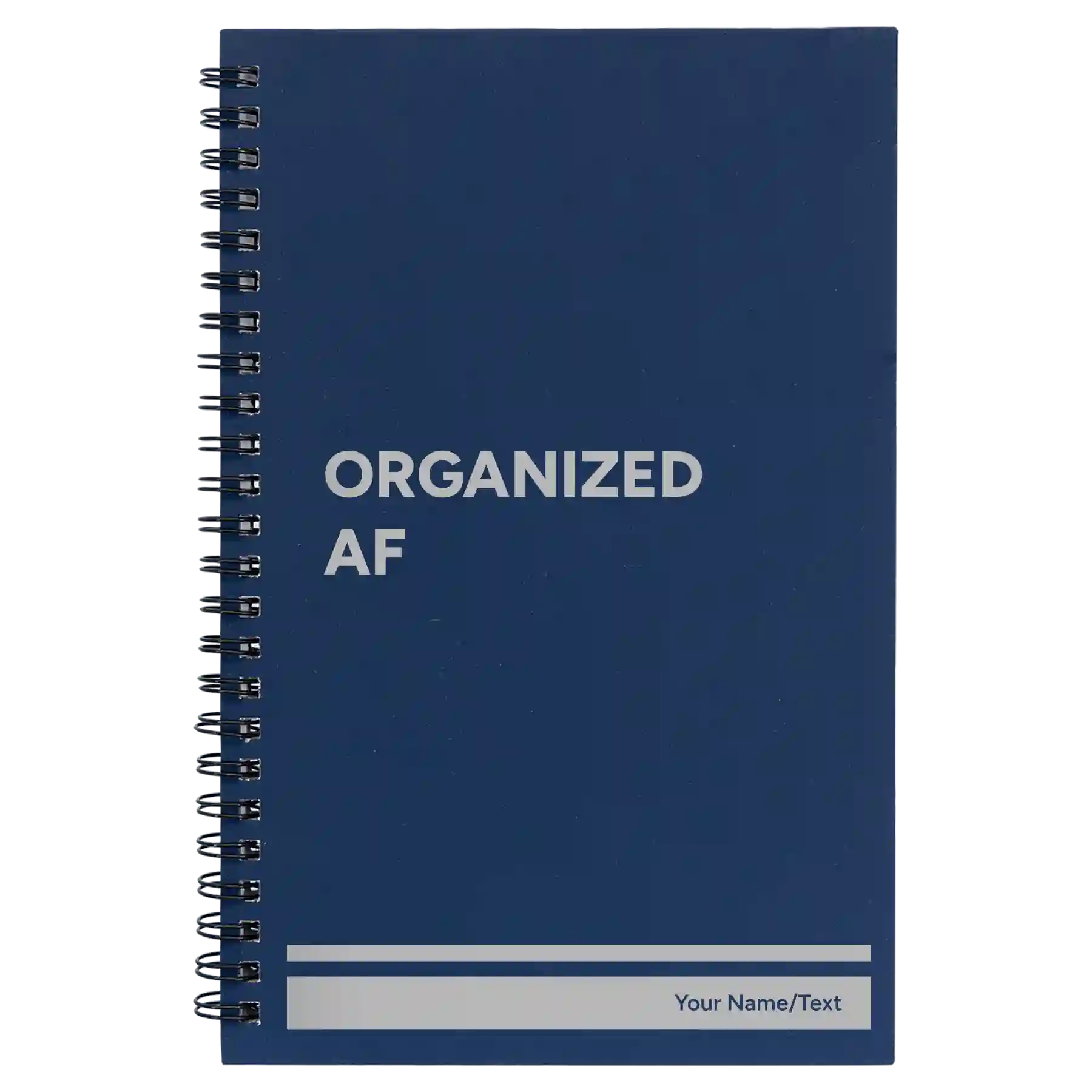 Small blue spiral notebook laser etched with 'Organized AF' design