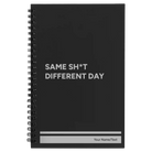 Small black spiral notebook laser etched with 'Same Sht' design
