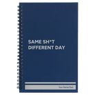 Small blue spiral notebook laser etched with 'Same Sht' design