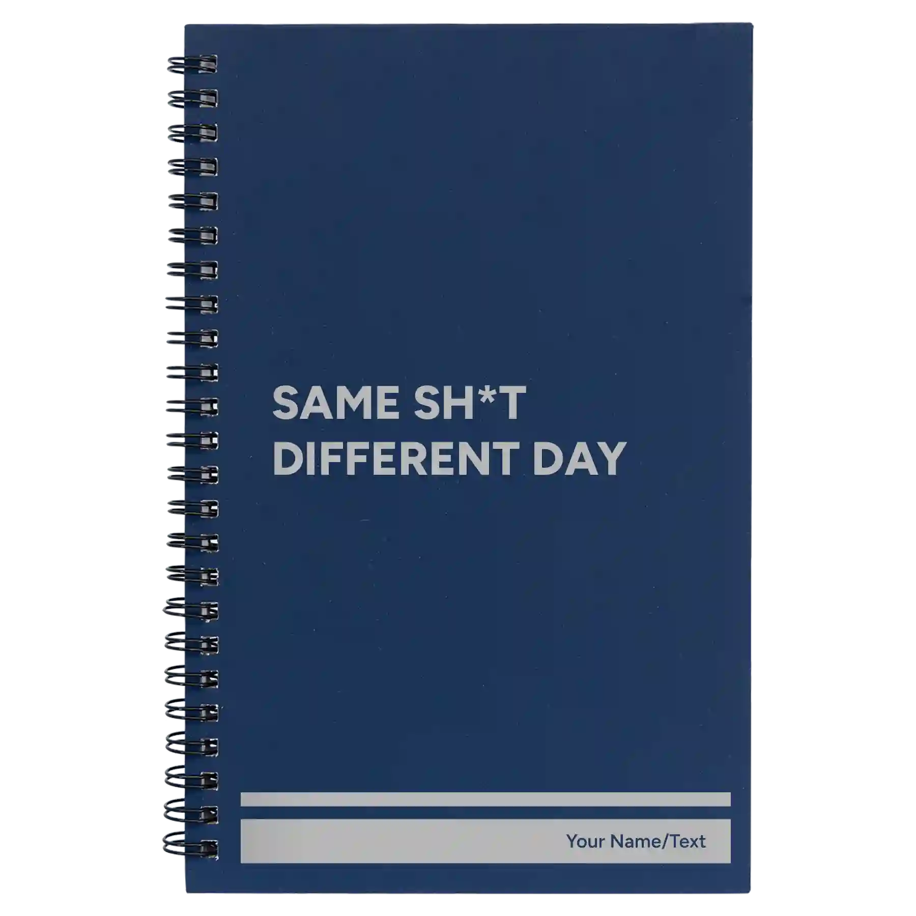Small blue spiral notebook laser etched with 'Same Sht' design