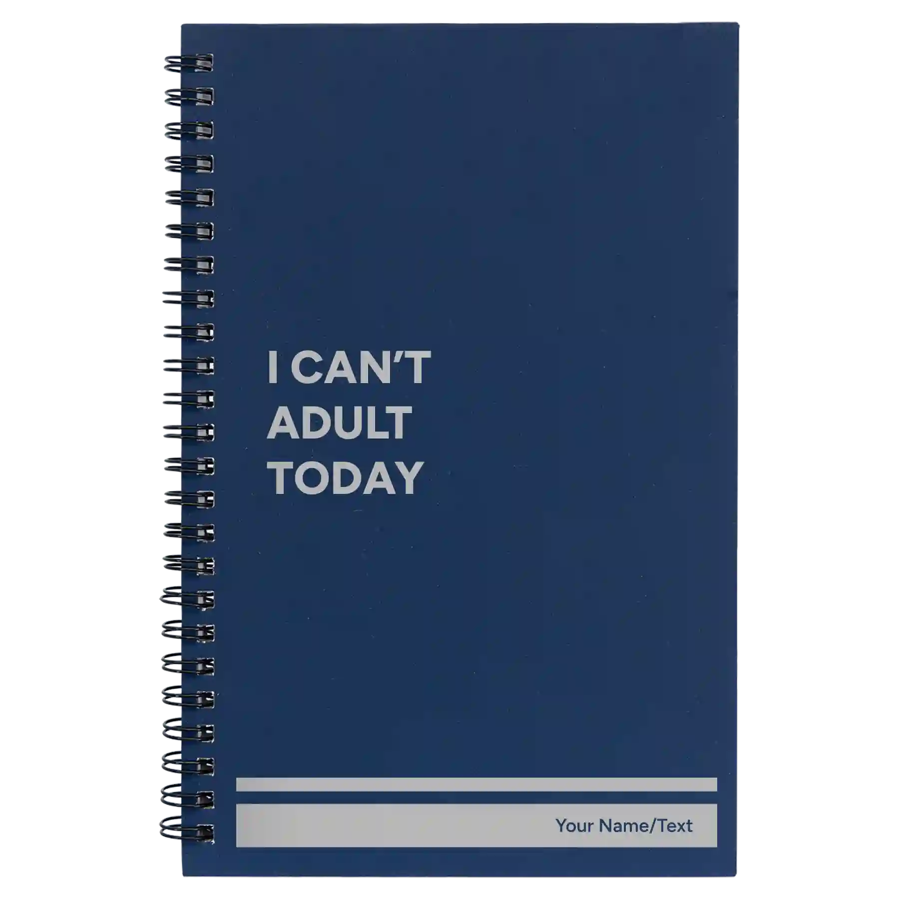 Small blue spiral notebook laser etched with 'Cant Adult' design