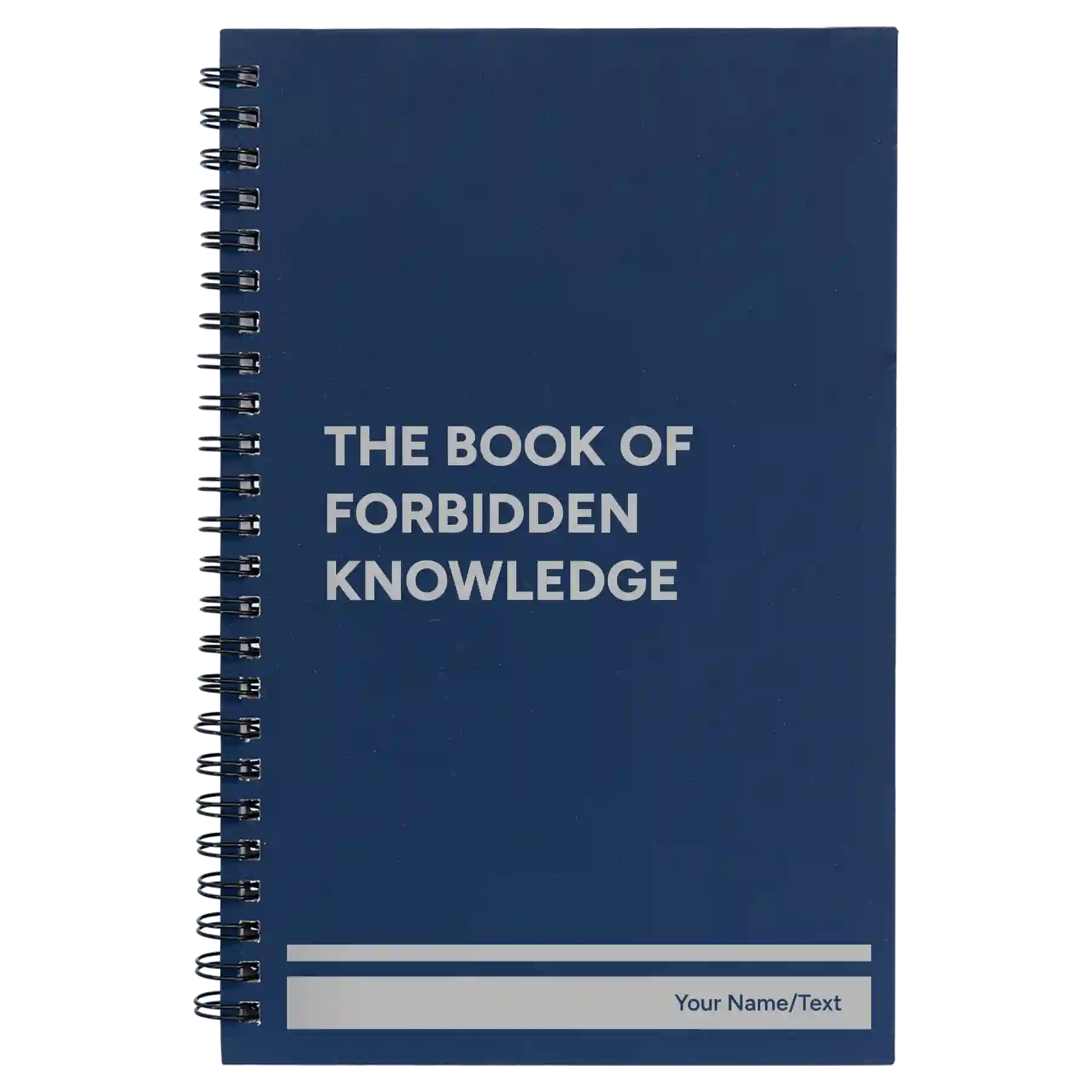 Small blue spiral notebook laser etched with 'Forbidden Knowledge' design