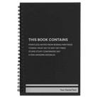 Small black spiral notebook laser etched with 'This Book Contains' design