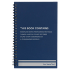 Small blue spiral notebook laser etched with 'This Book Contains' design