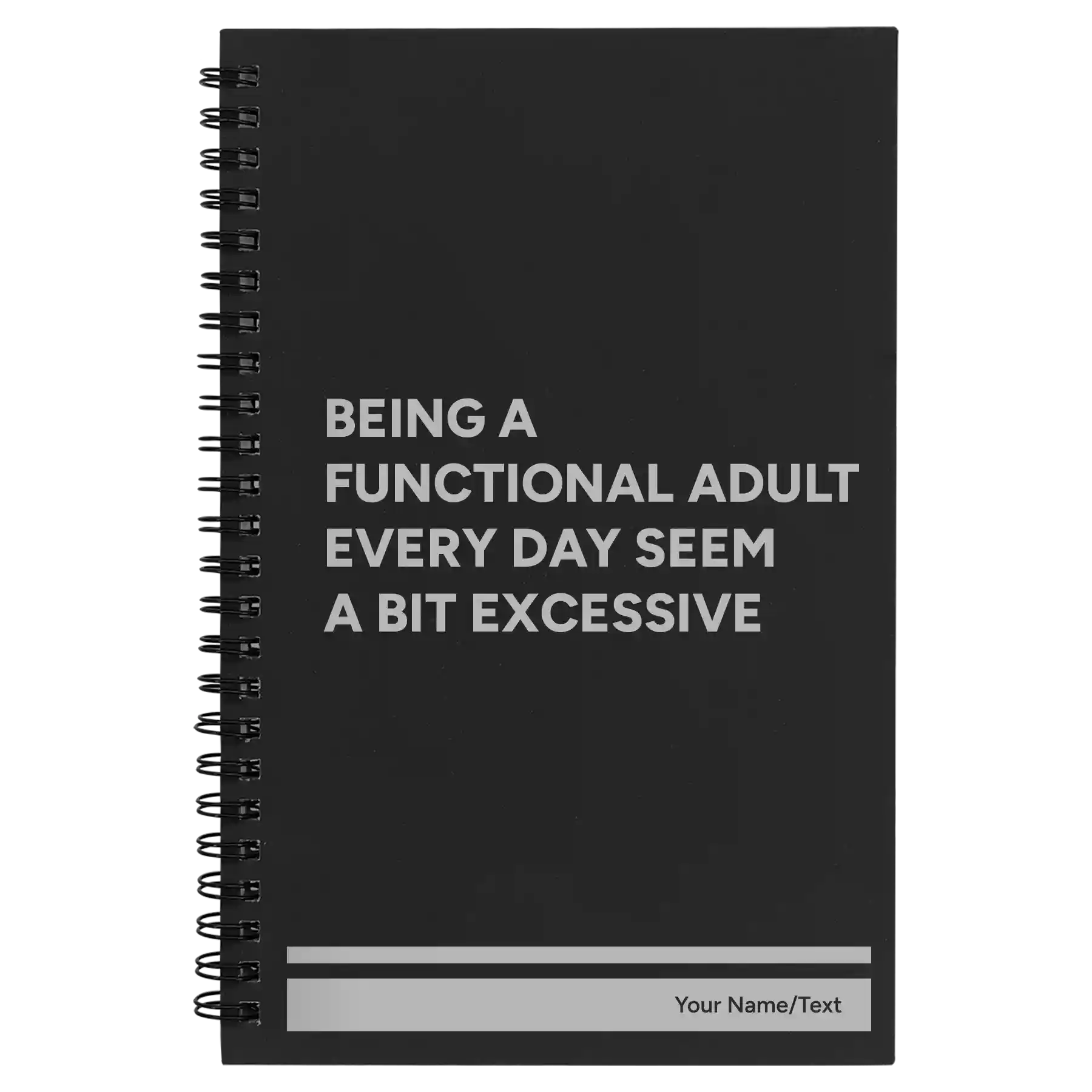 Small black spiral notebook laser etched with 'Functional Adult' design