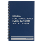 Small blue spiral notebook laser etched with 'Functional Adult' design