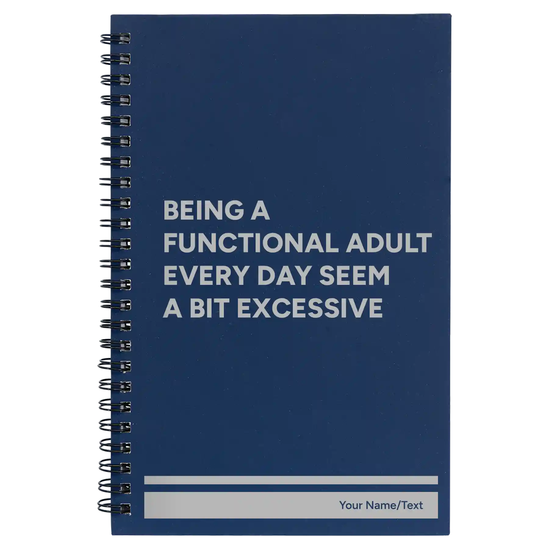 Small blue spiral notebook laser etched with 'Functional Adult' design
