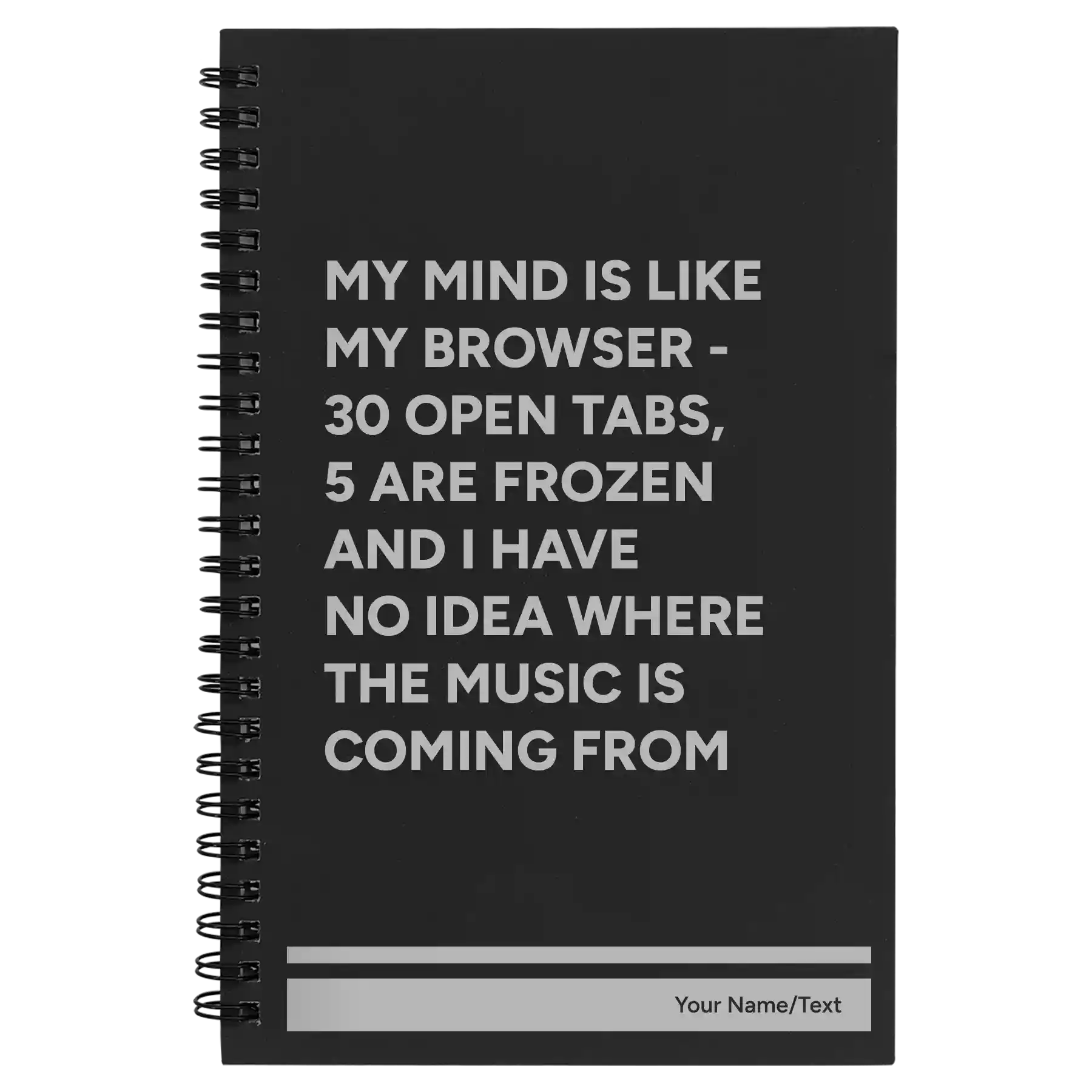 Small black spiral notebook laser etched with 'My Browser' design