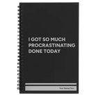 Small black spiral notebook laser etched with 'Procrastinating' design