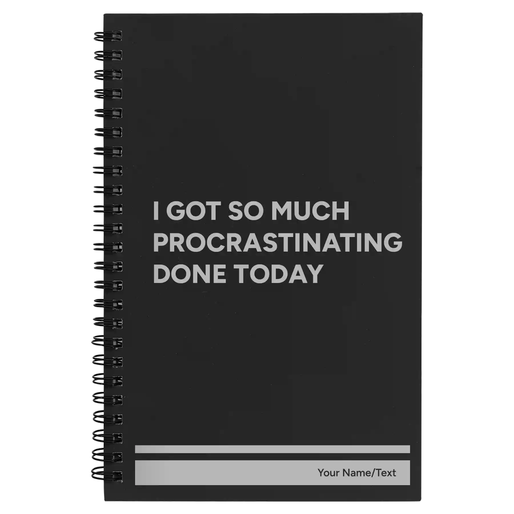 Small black spiral notebook laser etched with 'Procrastinating' design