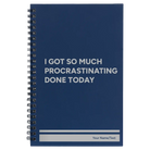 Small blue spiral notebook laser etched with 'Procrastinating' design