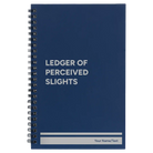 Small blue spiral notebook laser etched with 'Perceived Slights' design