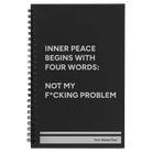 Small black spiral notebook laser etched with 'Inner Peace' design