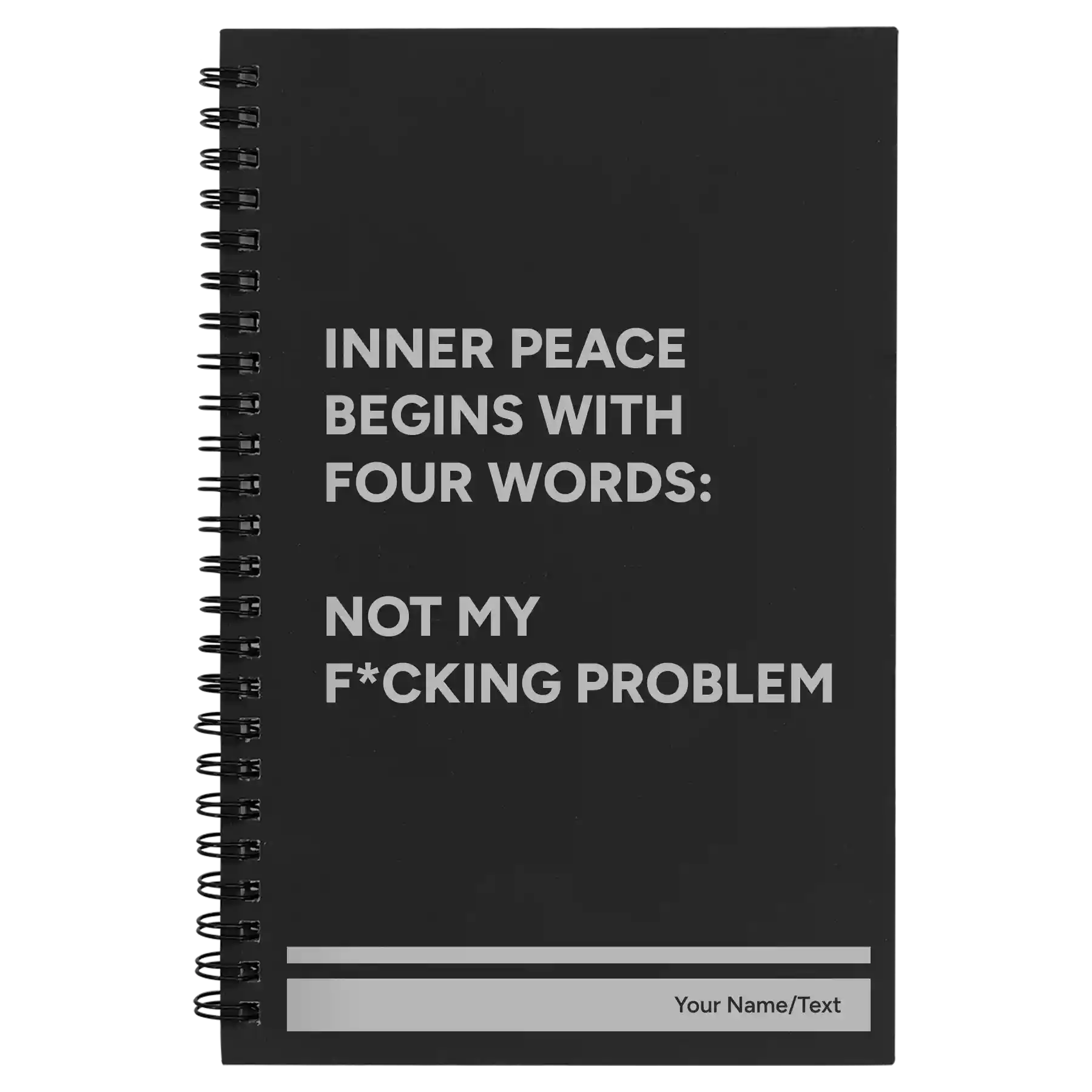 Small black spiral notebook laser etched with 'Inner Peace' design