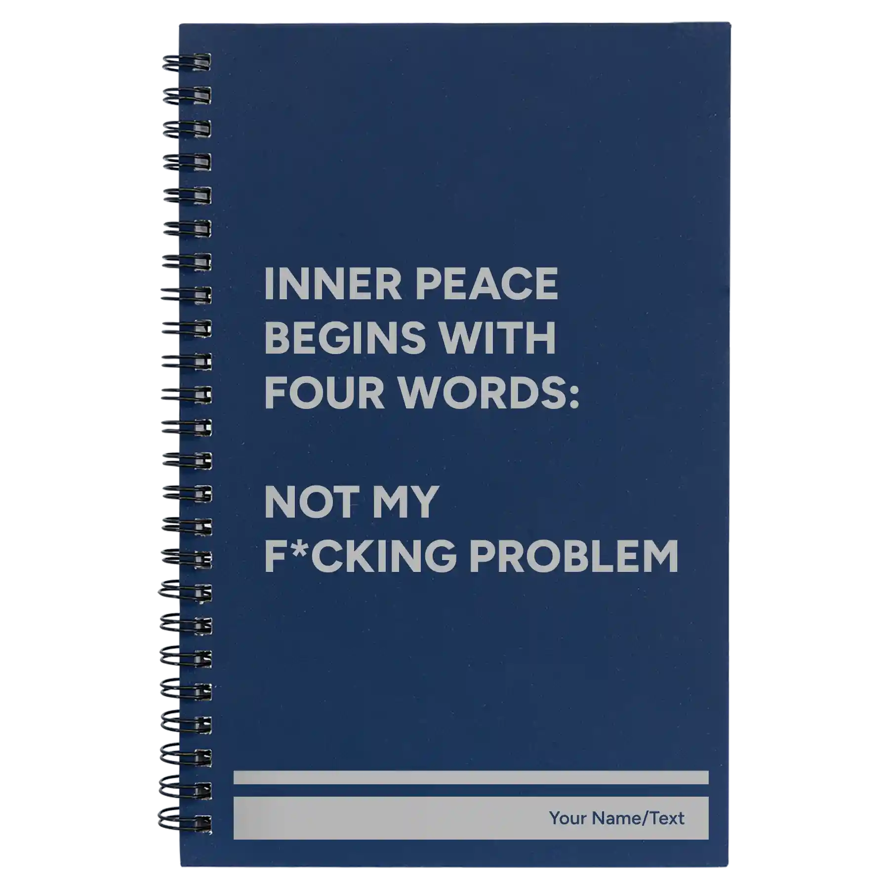 Small blue spiral notebook laser etched with 'Inner Peace' design