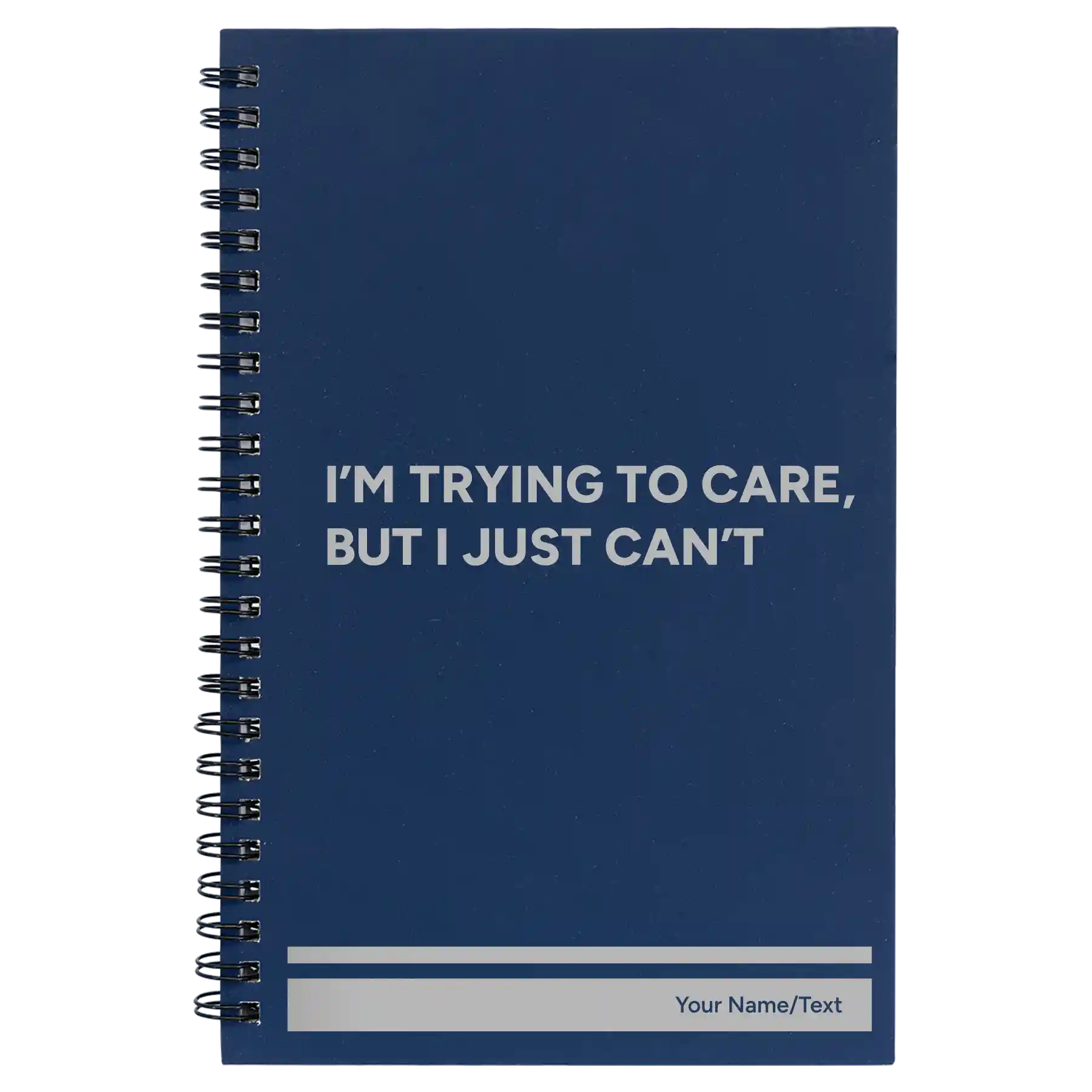 Small blue spiral notebook laser etched with 'Trying to Care' design
