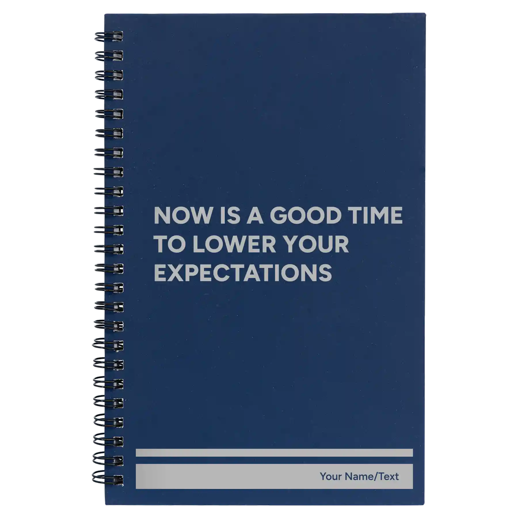 Small blue spiral notebook laser etched with 'Lower Your Expectations' design