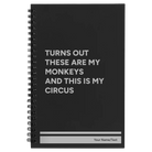 Small black spiral notebook laser etched with 'My Circus' design