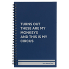 Small blue spiral notebook laser etched with 'My Circus' design