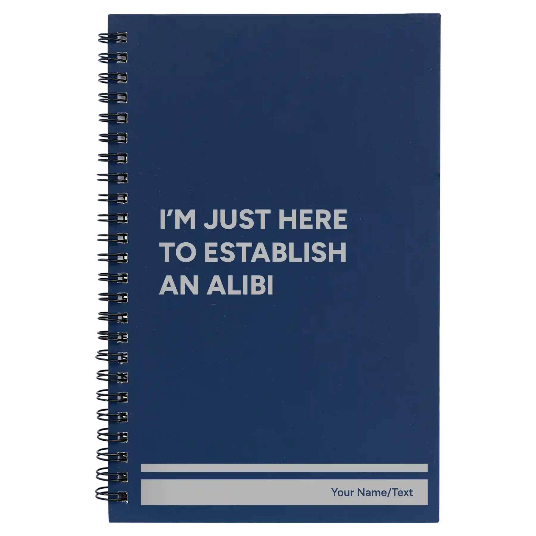 Small blue spiral notebook laser etched with 'Establish an Alibi' design