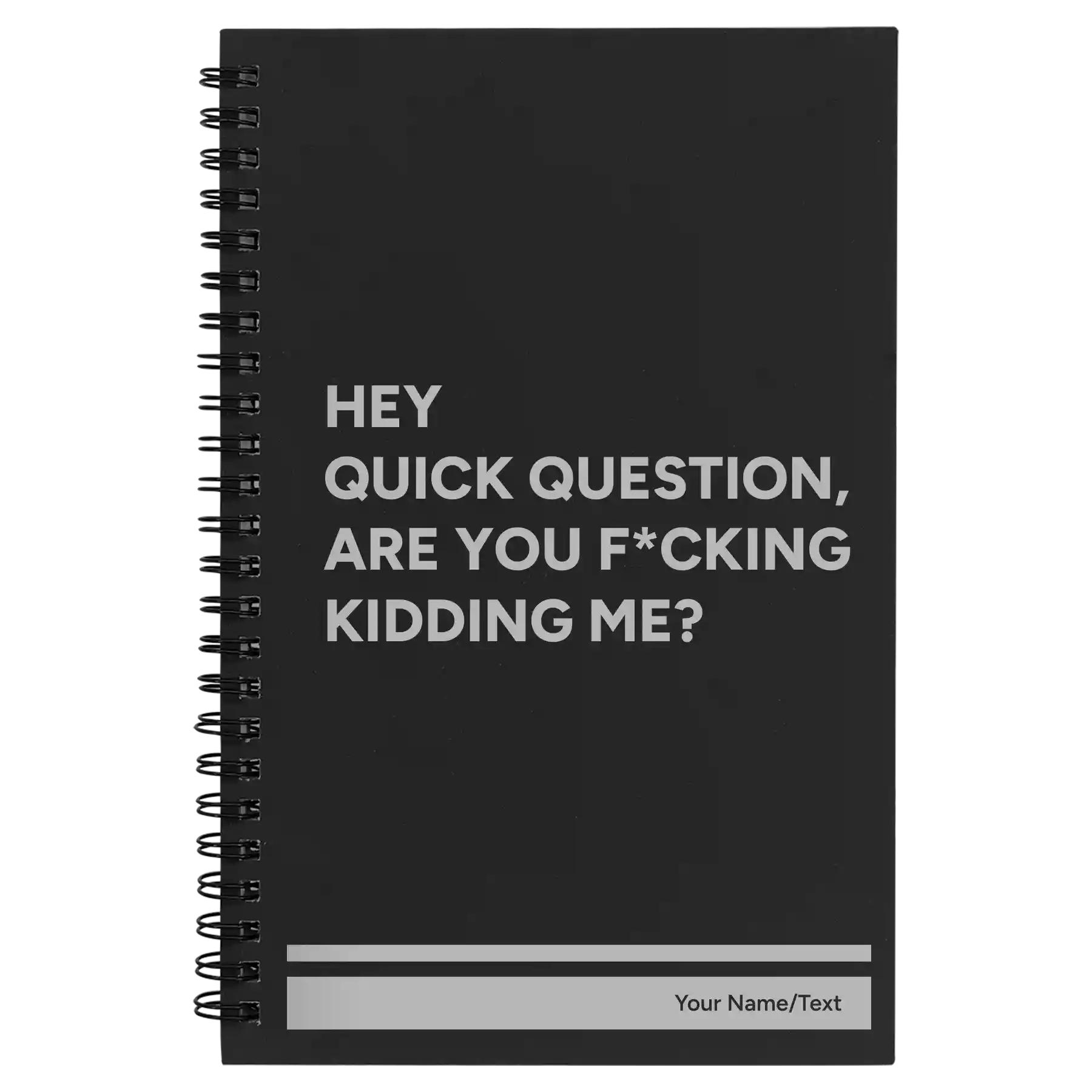 Small black spiral notebook laser etched with 'Quick Question' design