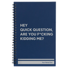 Small blue spiral notebook laser etched with 'Quick Question' design