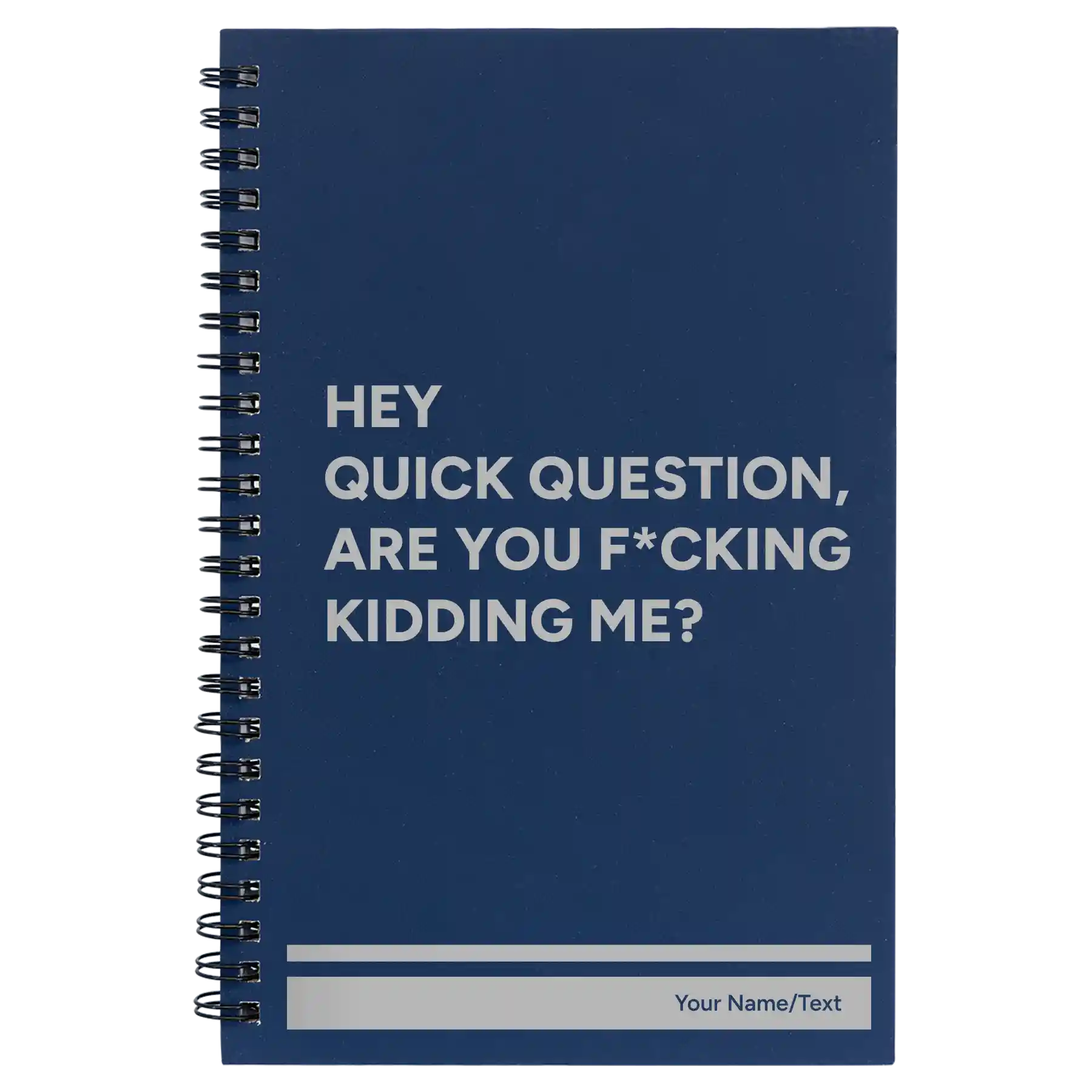 Small blue spiral notebook laser etched with 'Quick Question' design