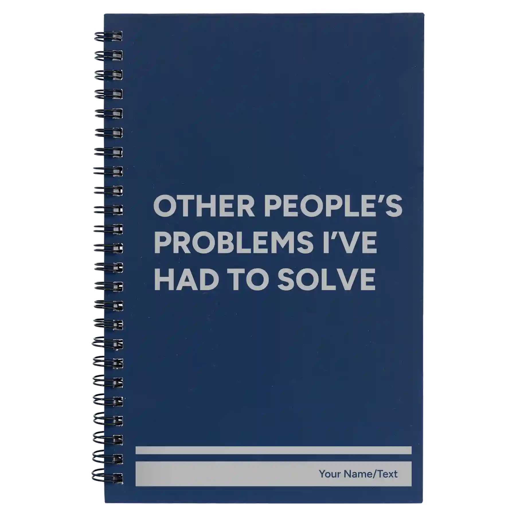 Small blue spiral notebook laser etched with 'Other Peoples Problems' design