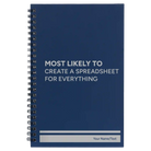 Small blue spiral notebook laser etched with 'Create a Spreadsheet' design