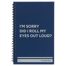 Small blue spiral notebook laser etched with 'Roll My Eyes' design