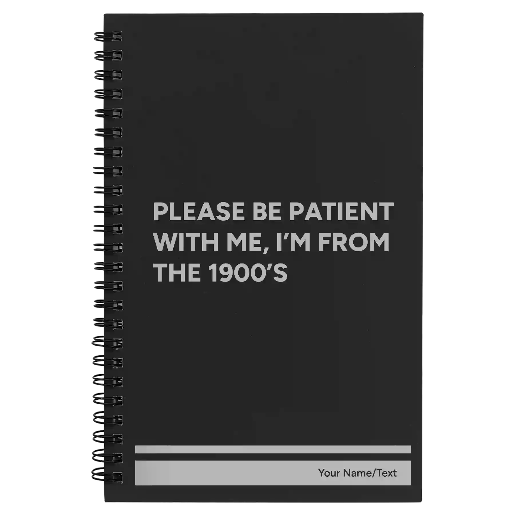 Small black spiral notebook laser etched with 'Please Be Patient' design