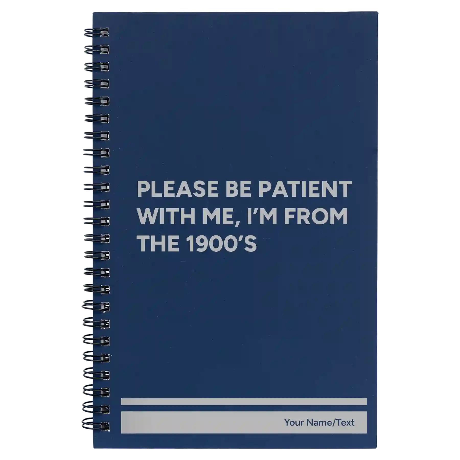 Small blue spiral notebook laser etched with 'Please Be Patient' design