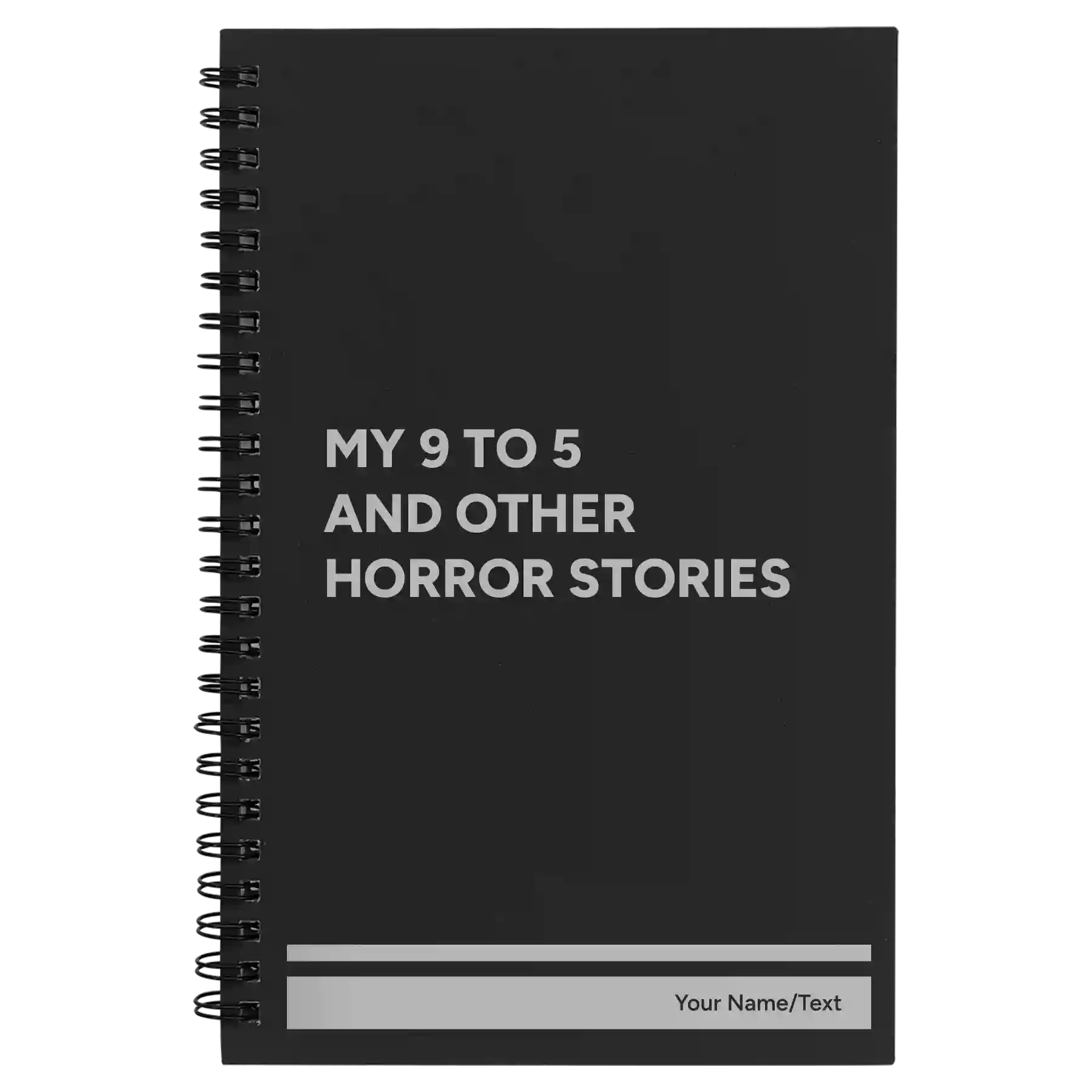 Small black spiral notebook laser etched with '9 to 5 Horror' design