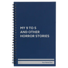 Small blue spiral notebook laser etched with '9 to 5 Horror' design