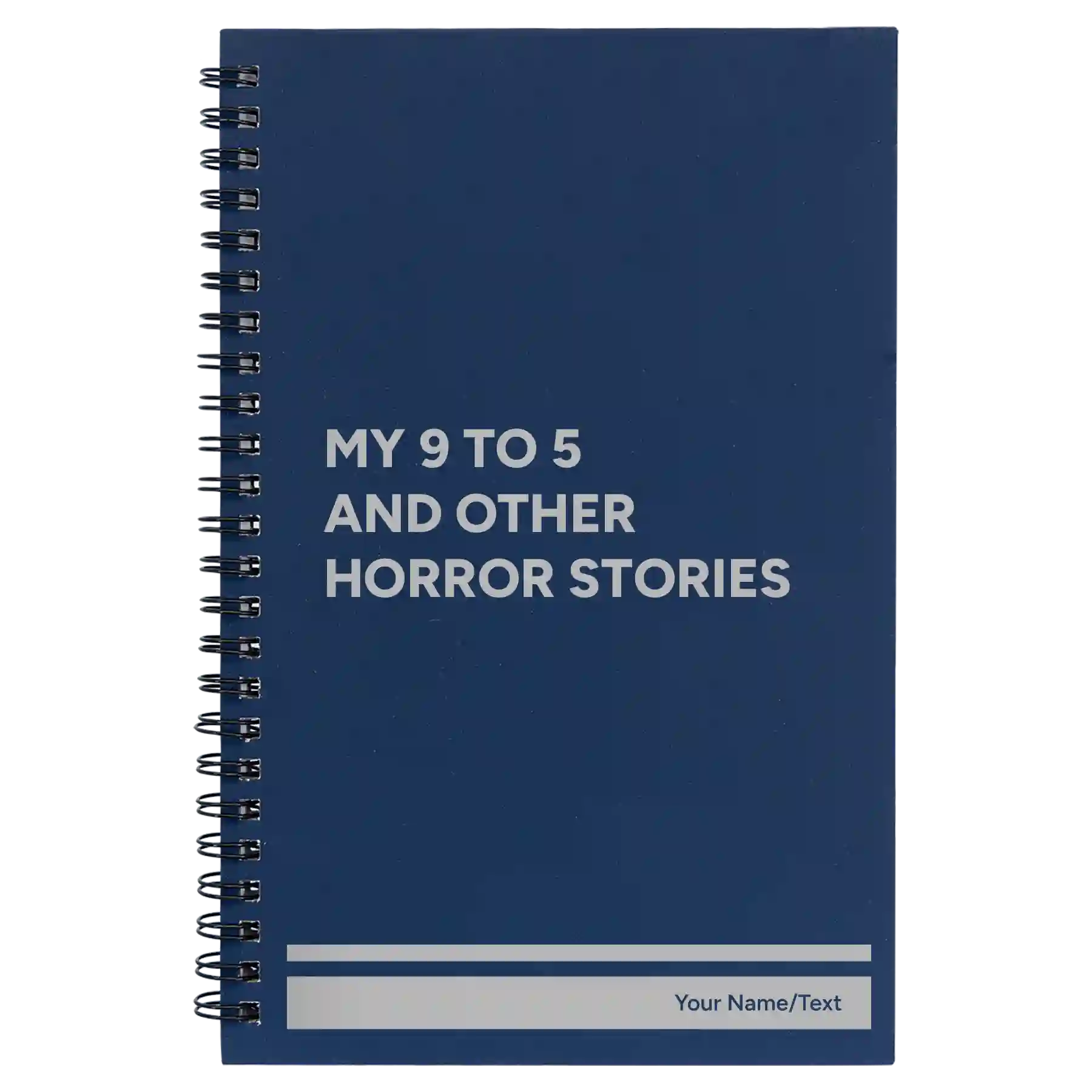 Small blue spiral notebook laser etched with '9 to 5 Horror' design
