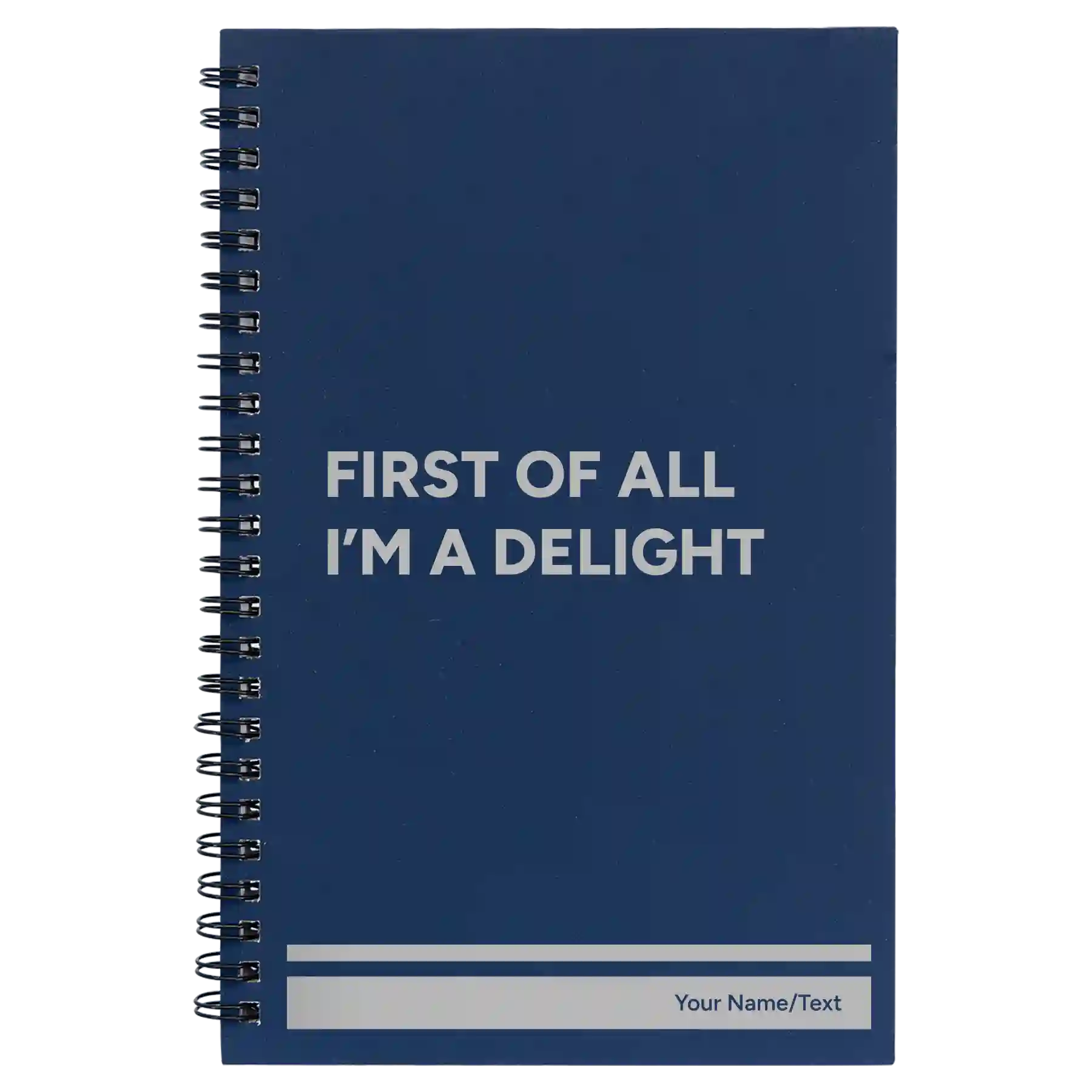 Small blue spiral notebook laser etched with 'Im a Delight' design