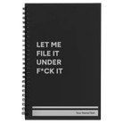 Small black spiral notebook laser etched with 'File it Under' design