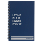 Small blue spiral notebook laser etched with 'File it Under' design