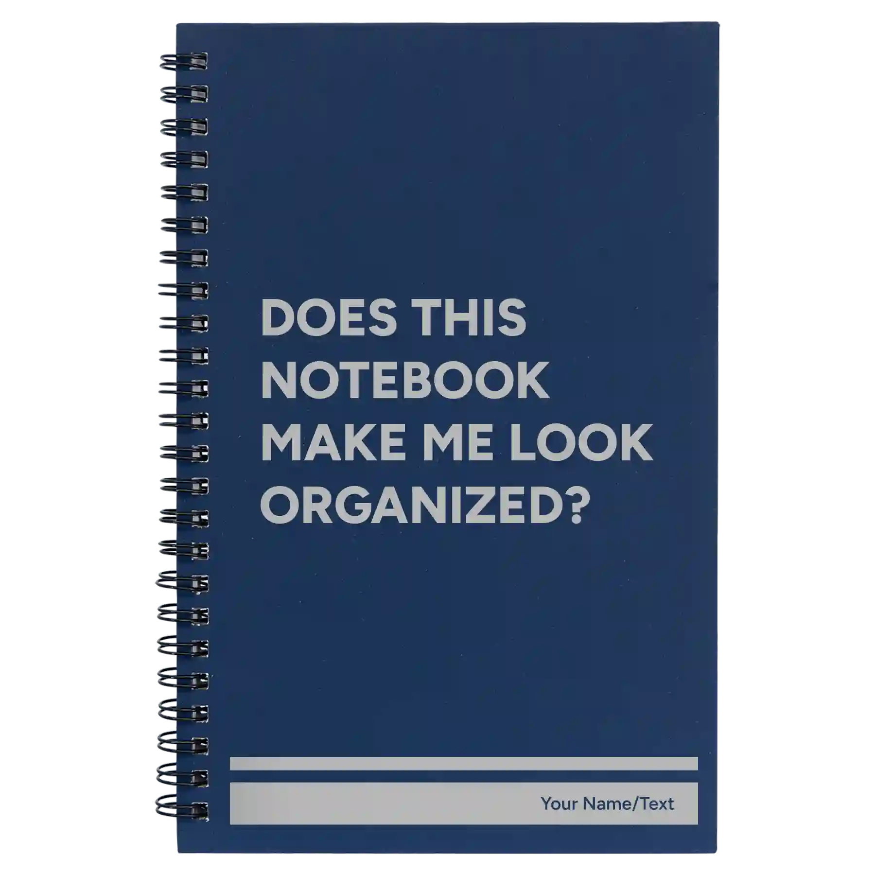 Small blue spiral notebook laser etched with 'Look Organized' design