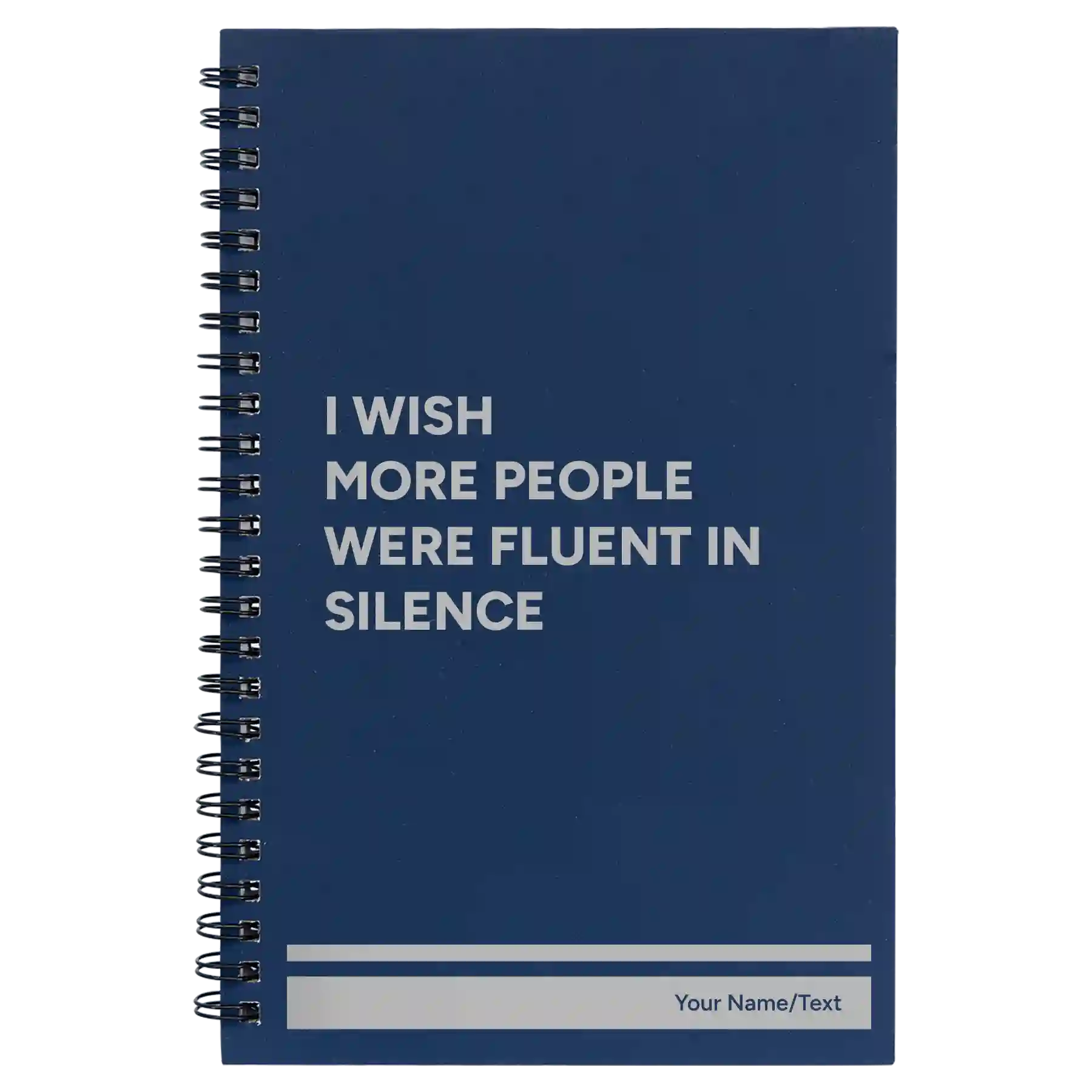 Small blue spiral notebook laser etched with 'Fluent in Silence' design