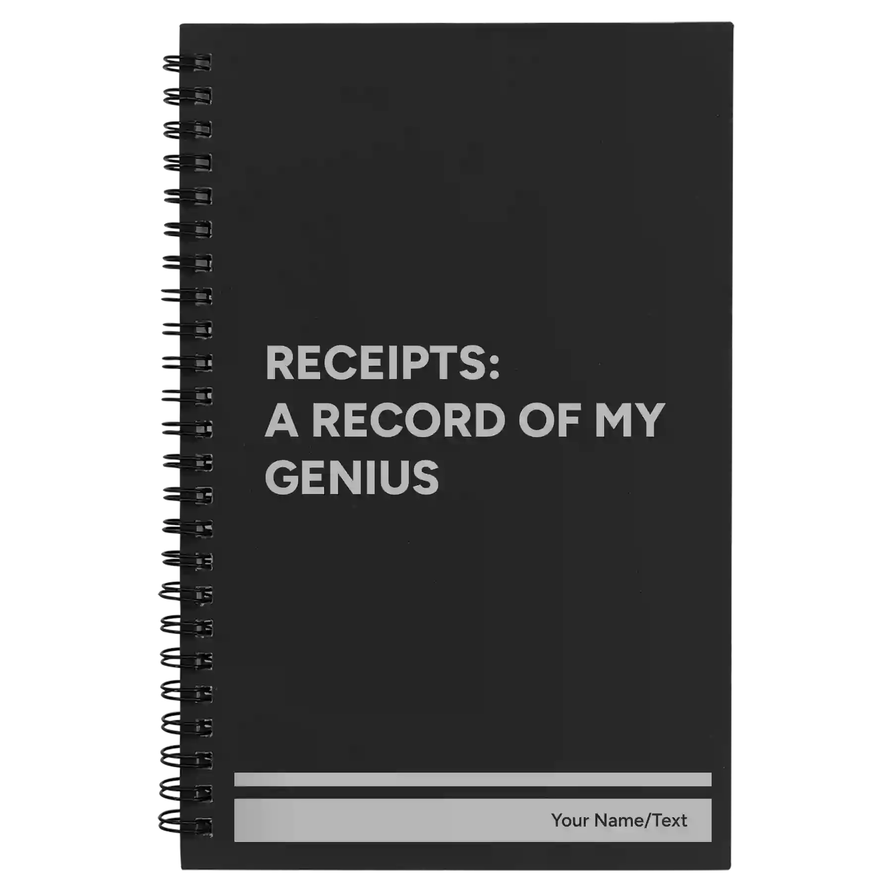 Small black spiral notebook laser etched with 'My Genius' design
