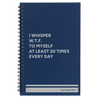 Small blue spiral notebook laser etched with 'Whisper WTF' design