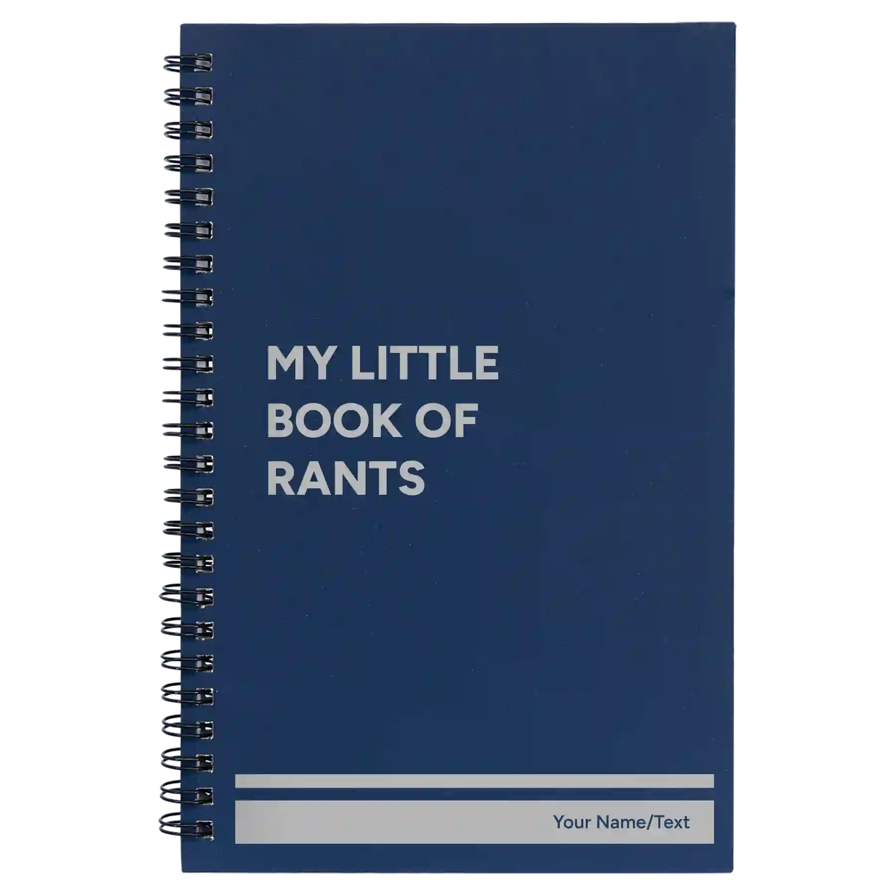 Small blue spiral notebook laser etched with 'Book of Rants' design