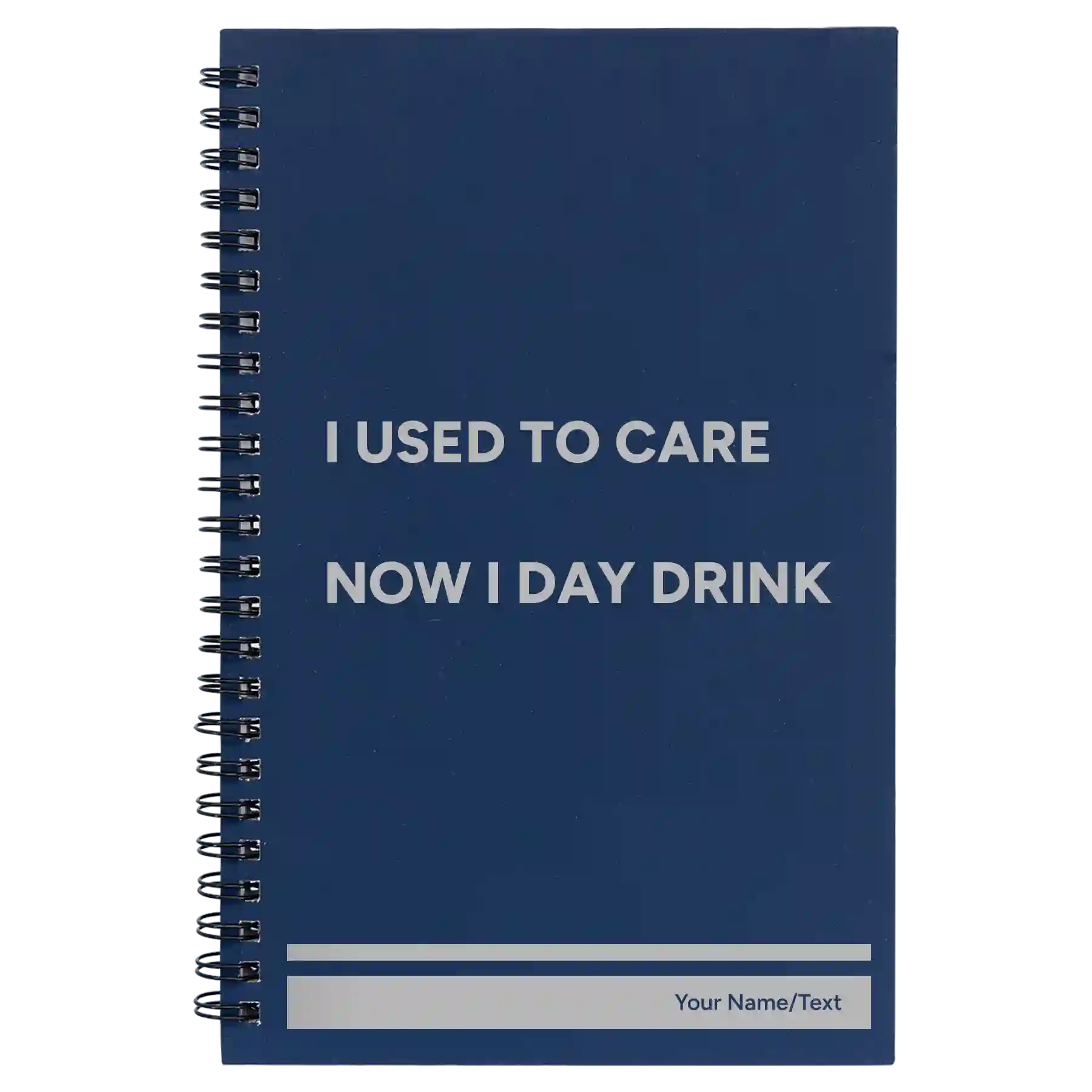 Small blue spiral notebook laser etched with 'Day Drink' design